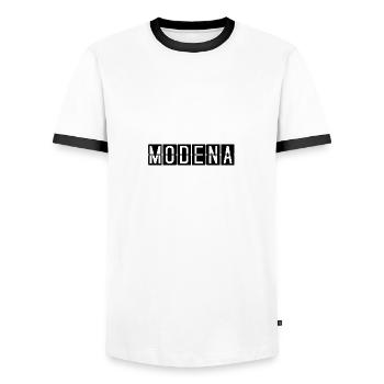 Modena Flughafentafel - Männer Kontrast-T-Shirt - Weiß/Schwarz - Vorne - AI Model Female 172 light (172cm) & AI Model Male 178 dark (178cm)