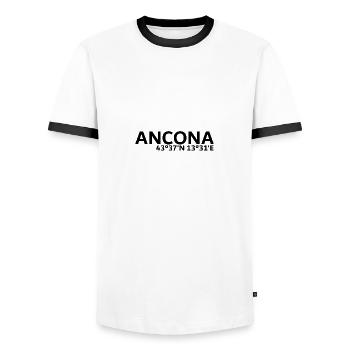 Ancona Koordinaten - Männer Kontrast-T-Shirt - Weiß/Schwarz - Vorne - AI Model Female 172 light (172cm) & AI Model Male 178 dark (178cm)