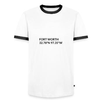 Fort Worth, Texas, USA Coordinates - Men's Ringer Shirt - white/black - Front - AI Model Female 172 light (172cm) & AI Model Male 178 dark (178cm)