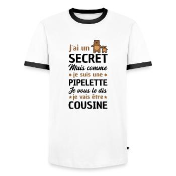secret / je vais être cousine / future cousine - T-shirt contrasté Homme - blanc/noir - Devant - AI Model Female 172 light (172cm) & AI Model Male 178 dark (178cm)
