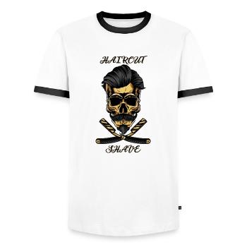 Skull Haircut And Shave - Markus - Men's Ringer Shirt - white/black - Front - AI Model Female 172 light (172cm) & AI Model Male 178 dark (178cm)