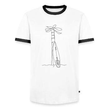 Surf - Planche de surf et chemise dessinée au palmier - T-shirt contrasté Homme - blanc/noir - Devant - AI Model Female 172 light (172cm) & AI Model Male 178 dark (178cm)
