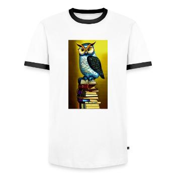 Comic Cartoon grusseliger Bücherwurm Bücherstapel - Männer Kontrast-T-Shirt - Weiß/Schwarz - Vorne - AI Model Female 172 light (172cm) & AI Model Male 178 dark (178cm)