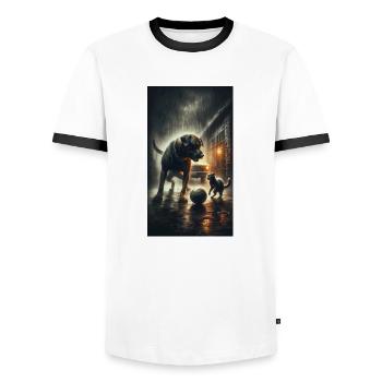 Hund und Katze spielen mit einem Ball - Männer Kontrast-T-Shirt - Weiß/Schwarz - Vorne - AI Model Female 172 light (172cm) & AI Model Male 178 dark (178cm)