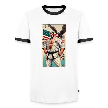 American Karate MASTER - Men's Ringer Shirt - white/black - Front - AI Model Female 172 light (172cm) & AI Model Male 178 dark (178cm)