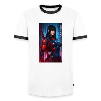 3D Sci-Fi Cyberpunk-Samurai-Kriegerin mit Katana - Männer Kontrast-T-Shirt - Weiß/Schwarz - Vorne - AI Model Female 172 light (172cm) & AI Model Male 178 dark (178cm)