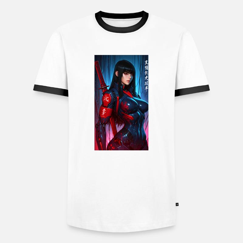 3D Sci-Fi Cyberpunk-Samurai-Kriegerin mit Katana - Männer Kontrast-T-Shirt - Weiß/Schwarz