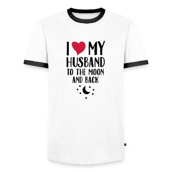 I Love (Heart) My Husband To The Moon And Back - Men's Ringer Shirt - white/black - Front - AI Model Female 172 light (172cm) & AI Model Male 178 dark (178cm)