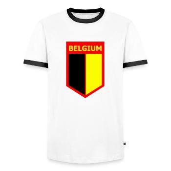 FLAGGE BELGIEN - Männer Kontrast-T-Shirt - Weiß/Schwarz - Vorne - AI Model Female 172 light (172cm) & AI Model Male 178 dark (178cm)