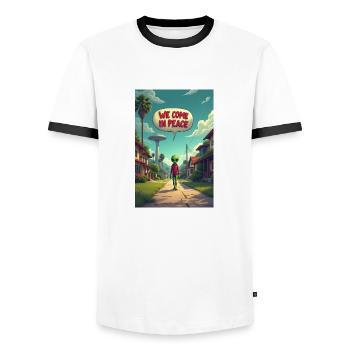 Ein netter, kleiner Alien entsteigt seinem UFO - Männer Kontrast-T-Shirt - Weiß/Schwarz - Vorne - AI Model Female 172 light (172cm) & AI Model Male 178 dark (178cm)