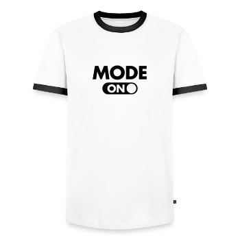 (Your Text) Mode (ON) - Men's Ringer Shirt - white/black - Front - AI Model Female 172 light (172cm) & AI Model Male 178 dark (178cm)