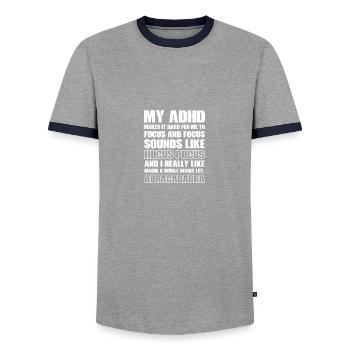 Focus Magic Hyperactive and Cool Gift - Men's Ringer Shirt - grey/navy  - Front - AI Model Female 172 light (172cm) & AI Model Male 178 light (178cm)