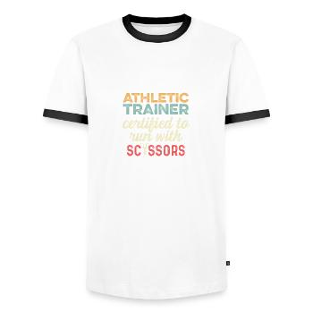 Running with scissors sports coach gift - Men's Ringer Shirt - white/black - Front - AI Model Female 172 light (172cm) & AI Model Male 178 dark (178cm)