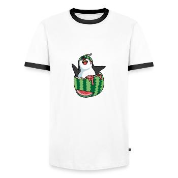 Melon Penguin Fruit Merchant Gift - Men's Ringer Shirt - white/black - Front - AI Model Female 172 light (172cm) & AI Model Male 178 dark (178cm)