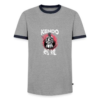 Kendo Warrior Japanese Gift - Men's Ringer Shirt - grey/navy  - Front - AI Model Female 172 light (172cm) & AI Model Male 178 light (178cm)