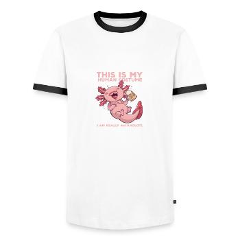 Ceci est mon costume humain drôle citation a - T-shirt contrasté Homme - blanc/noir - Devant - AI Model Female 172 light (172cm) & AI Model Male 178 dark (178cm)