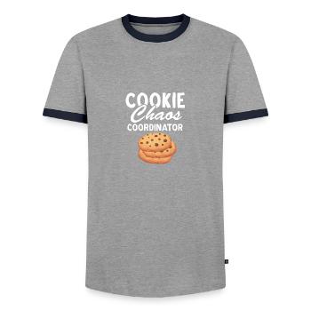 Funny Quote Cookie Chaos Coordinator - Cookie - Men's Ringer Shirt - grey/navy  - Front - AI Model Female 172 light (172cm) & AI Model Male 178 light (178cm)