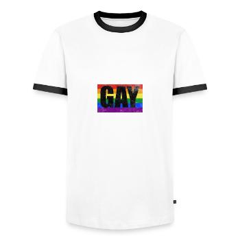 Je ne suis pas gay mais ma femme est drôle L - T-shirt contrasté Homme - blanc/noir - Devant - AI Model Female 172 light (172cm) & AI Model Male 178 dark (178cm)