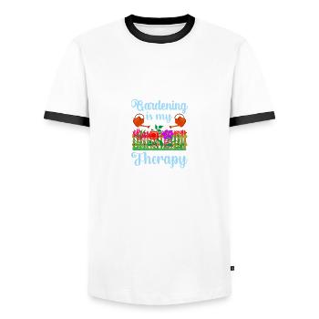 Citation drôle Le jardinage est mon Le - T-shirt contrasté Homme - blanc/noir - Devant - AI Model Female 172 light (172cm) & AI Model Male 178 dark (178cm)
