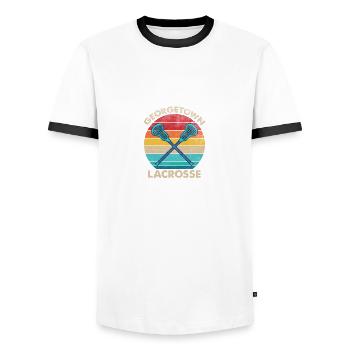 Tennis Lovers Vintage La-Crosse Distressed Tenis - Men's Ringer Shirt - white/black - Front - AI Model Female 172 light (172cm) & AI Model Male 178 dark (178cm)