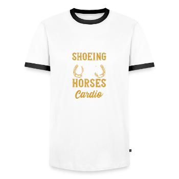 Schuhpferde ist mein Cardio - Männer Kontrast-T-Shirt - Weiß/Schwarz - Vorne - AI Model Female 172 light (172cm) & AI Model Male 178 dark (178cm)