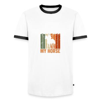 Ich bin dafür aus meinem Pferd gestiegen - Männer Kontrast-T-Shirt - Weiß/Schwarz - Vorne - AI Model Female 172 light (172cm) & AI Model Male 178 dark (178cm)