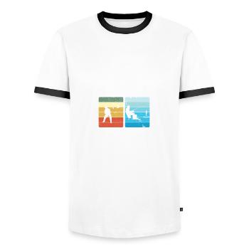 Fly fishing - Ice fishing pension scheme - Men's Ringer Shirt - white/black - Front - AI Model Female 172 light (172cm) & AI Model Male 178 dark (178cm)