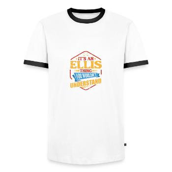 It's an Ellis thing funny surname Humor Fam - Men's Ringer Shirt - white/black - Front - AI Model Female 172 light (172cm) & AI Model Male 178 dark (178cm)
