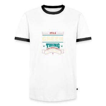 C’est une chose verte, le nom de famille de la famille - T-shirt contrasté Homme - blanc/noir - Devant - AI Model Female 172 light (172cm) & AI Model Male 178 dark (178cm)