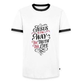 Jesus Way Truth Life Bible Verse - Men's Ringer Shirt - white/black - Front - AI Model Female 172 light (172cm) & AI Model Male 178 dark (178cm)