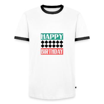 BIRTHDAY. HAPPY BIRTHDAY. HAPPY BIRTHDAY. - Men's Ringer Shirt - white/black - Front - AI Model Female 172 light (172cm) & AI Model Male 178 dark (178cm)