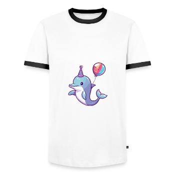 Dolphin Birthday Comic - Men's Ringer Shirt - white/black - Front - AI Model Female 172 light (172cm) & AI Model Male 178 dark (178cm)