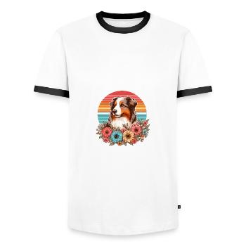 Australian Shepherd red merle pastel retro flowers - Men's Ringer Shirt - white/black - Front - AI Model Female 172 light (172cm) & AI Model Male 178 dark (178cm)