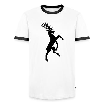 Standing Deer Heraldry shadow figure - Men's Ringer Shirt - white/black - Front - AI Model Female 172 light (172cm) & AI Model Male 178 dark (178cm)
