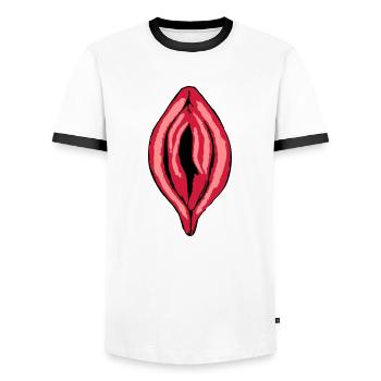 Red Vagina Lips Provocative - Love Red Lips Love - Men's Ringer Shirt - white/black - Front - AI Model Female 172 light (172cm) & AI Model Male 178 dark (178cm)