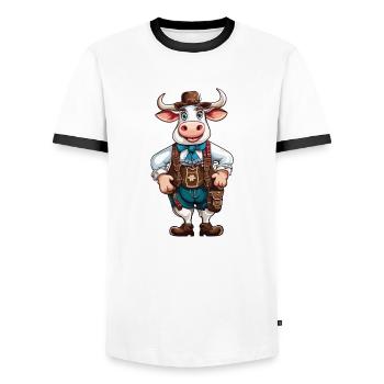 Lederhosen / Animal / Traditional costume / Tradition / Cow - Men's Ringer Shirt - white/black - Front - AI Model Female 172 light (172cm) & AI Model Male 178 dark (178cm)