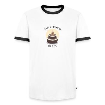 Capy Birthday To You, capybara meme, birthday, ani - Men's Ringer Shirt - white/black - Front - AI Model Female 172 light (172cm) & AI Model Male 178 dark (178cm)