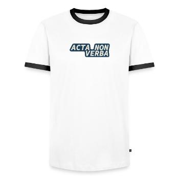 Acta Non Verba - Latin Sentence - Deeds, not words - Men's Ringer Shirt - white/black - Front - AI Model Female 172 light (172cm) & AI Model Male 178 dark (178cm)