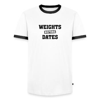 Weights Before Dates - Männer Kontrast-T-Shirt - Weiß/Schwarz - Vorne - AI Model Female 172 light (172cm) & AI Model Male 178 dark (178cm)