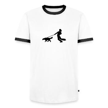 Hund zieht an Leine - Männer Kontrast-T-Shirt - Weiß/Schwarz - Vorne - AI Model Female 172 light (172cm) & AI Model Male 178 dark (178cm)