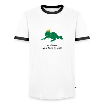 grumpy frog prince - waiting - Men's Ringer Shirt - white/black - Front - AI Model Female 172 light (172cm) & AI Model Male 178 dark (178cm)