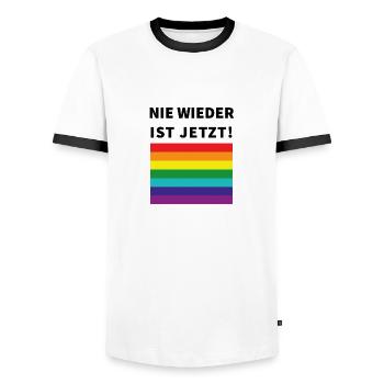 Nie wieder ist jetzt! Schriftzug und Pride Flagge - Männer Kontrast-T-Shirt - Weiß/Schwarz - Vorne - AI Model Female 172 light (172cm) & AI Model Male 178 dark (178cm)