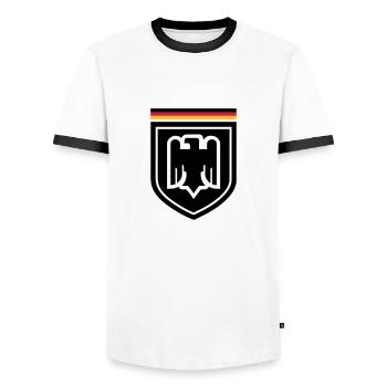 Deutschland Adler Abzeichen 01 - Männer Kontrast-T-Shirt - Weiß/Schwarz - Vorne - AI Model Female 172 light (172cm) & AI Model Male 178 dark (178cm)