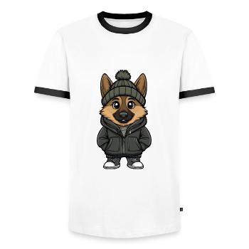 Schäferhund Hund Winter - Männer Kontrast-T-Shirt - Weiß/Schwarz - Vorne - AI Model Female 172 light (172cm) & AI Model Male 178 dark (178cm)