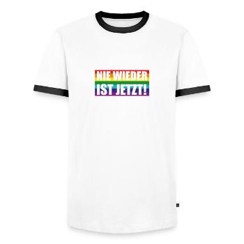 Nie Wieder Ist Jetzt Spruch Schriftzug - Männer Kontrast-T-Shirt - Weiß/Schwarz - Vorne - AI Model Female 172 light (172cm) & AI Model Male 178 dark (178cm)