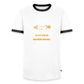 Was meine Frau will Renter 2023 Rente Ruhestand - Männer Kontrast-T-Shirt - Weiß/Schwarz - Vorne - AI Model Female 172 light (172cm) & AI Model Male 178 dark (178cm)
