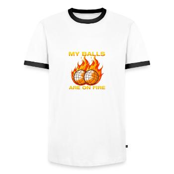 Mes boules sont en feu Joueur de pétanque Boule Boule - T-shirt contrasté Homme - blanc/noir - Devant - AI Model Female 172 light (172cm) & AI Model Male 178 dark (178cm)