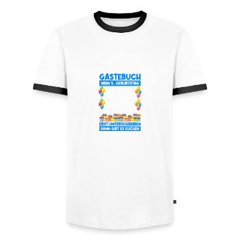 5th Birthday Guestbook Birthday Gift - Men's Ringer Shirt - white/black - Front - AI Model Female 172 light (172cm) & AI Model Male 178 dark (178cm)