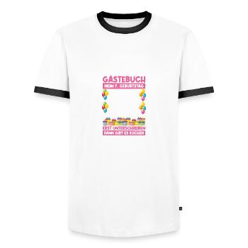 7th Birthday Guestbook Birthday Gift - Men's Ringer Shirt - white/black - Front - AI Model Female 172 light (172cm) & AI Model Male 178 dark (178cm)
