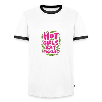 Hot girls eat pickles Funny cucumber cucumber lover - Men's Ringer Shirt - white/black - Front - AI Model Female 172 light (172cm) & AI Model Male 178 dark (178cm)
